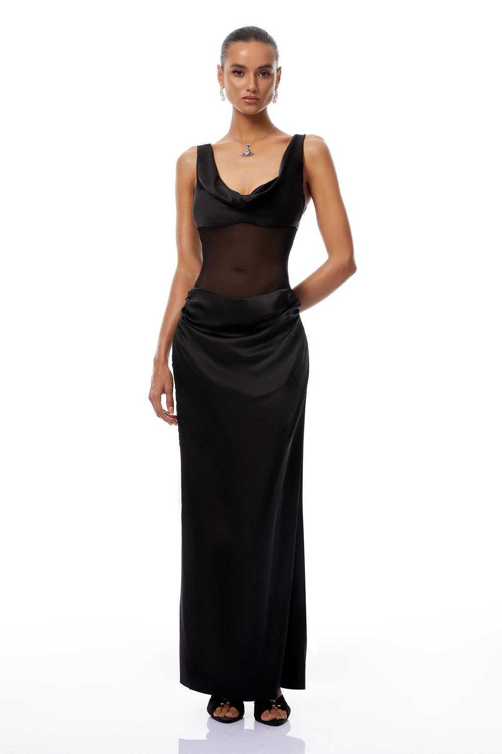 Pernilla Black Ruched Satin Maxi Dress