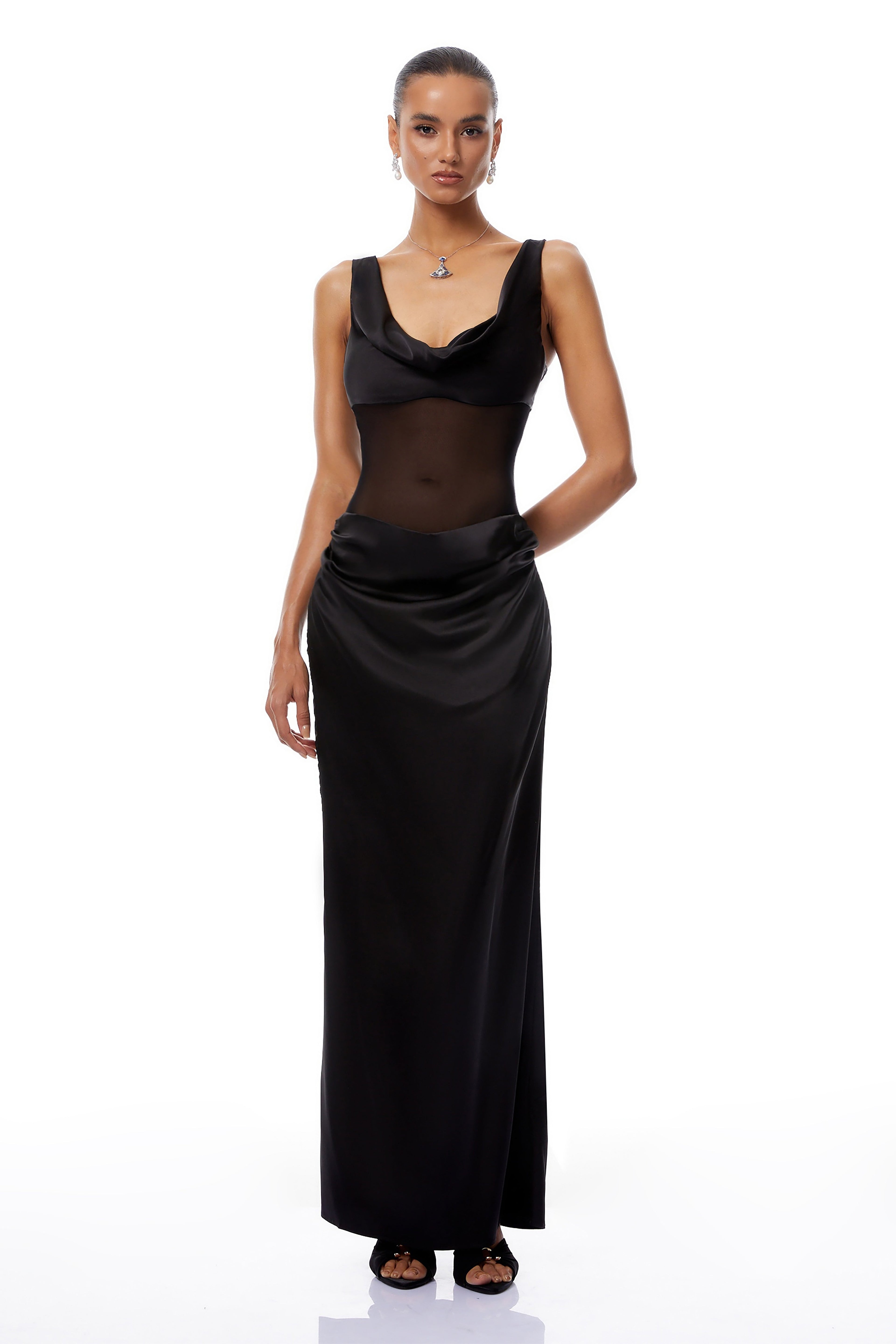 Pernilla Black Ruched Satin Maxi Dress