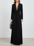 Long Sleeves Skinny Solid Color Deep V-Neck Maxi Dresses