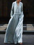 Long Sleeves Loose Elasticity Solid Color V-Neck Maxi Dresses
