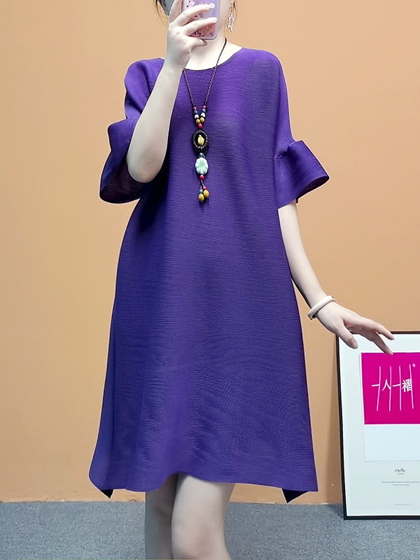 A-line Flared Sleeves Pleated Solid Color Round-neck Maxi Dresses Midi Dresses