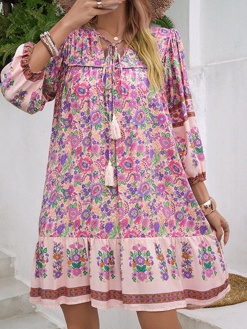 A-Line Loose Contrast Color Drawstring Flower Print Pleated Split-Joint V-Neck Mini Dresses