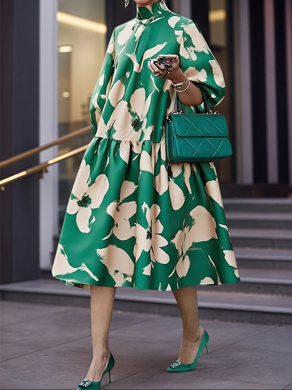 Half Sleeves Loose Flower Print High Neck Midi Dresses