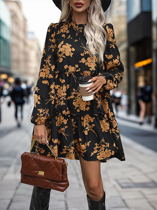 A-Line High Waisted Elasticity Flower Print Split-Joint Round-Neck Mini Dresses
