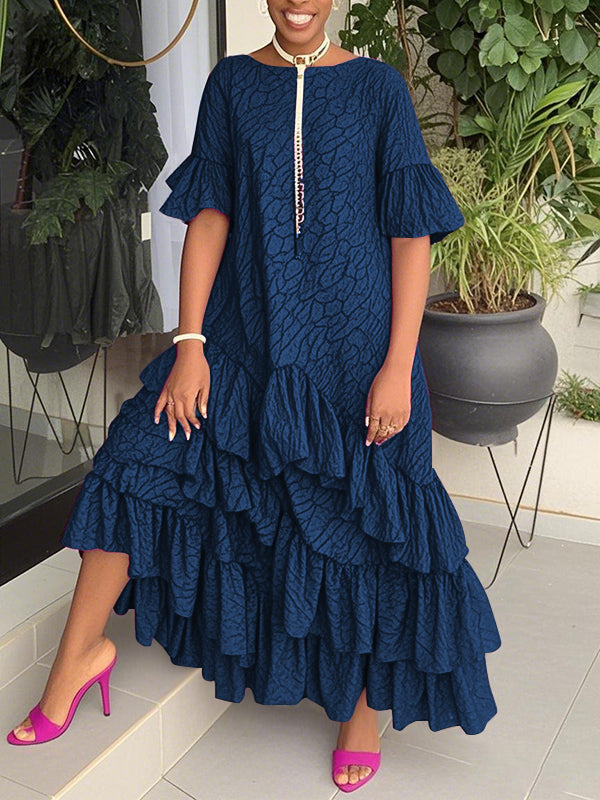 Flared Sleeves Half Sleeves Asymmetric Layered Pleated Printed Ruffle Trim Round-Neck Maxi Dresses