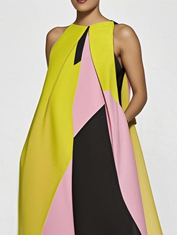 A-Line Loose Color-Block Pleated Split-Joint Round-Neck Maxi Dresses
