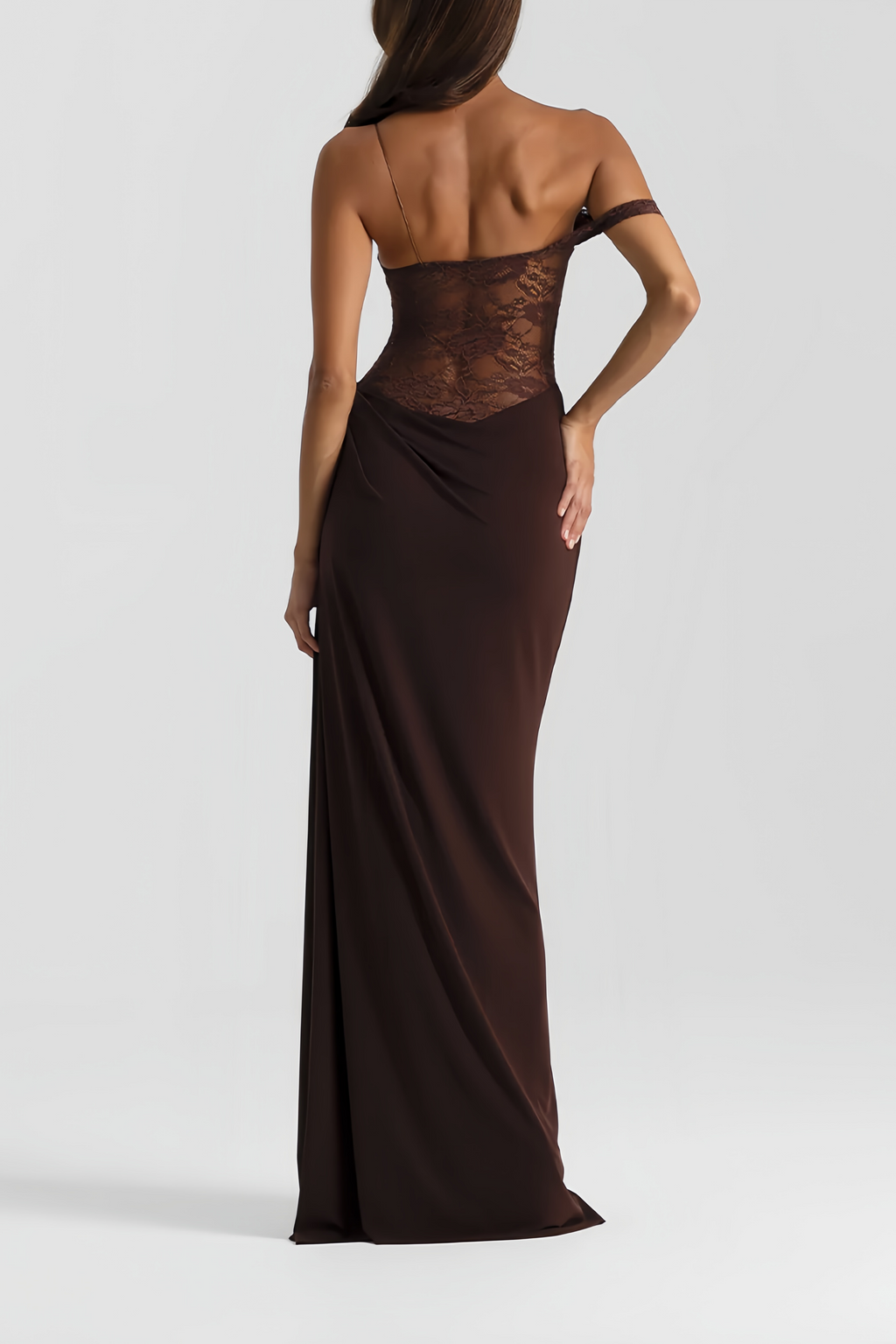 Sunniva Brown Lace Panel Asymmetrical Maxi Dress