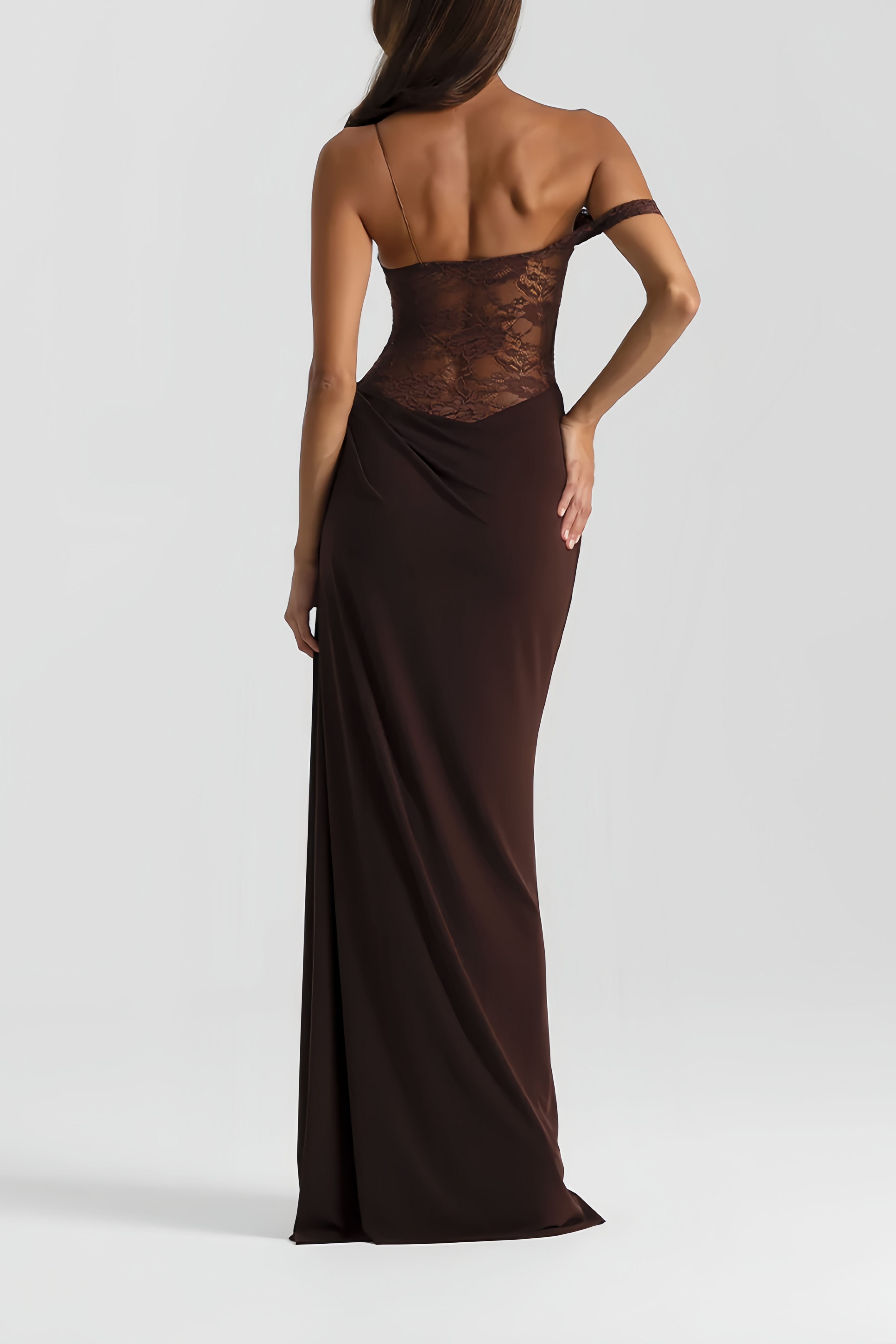 Sunniva Brown Lace Panel Asymmetrical Maxi Dress