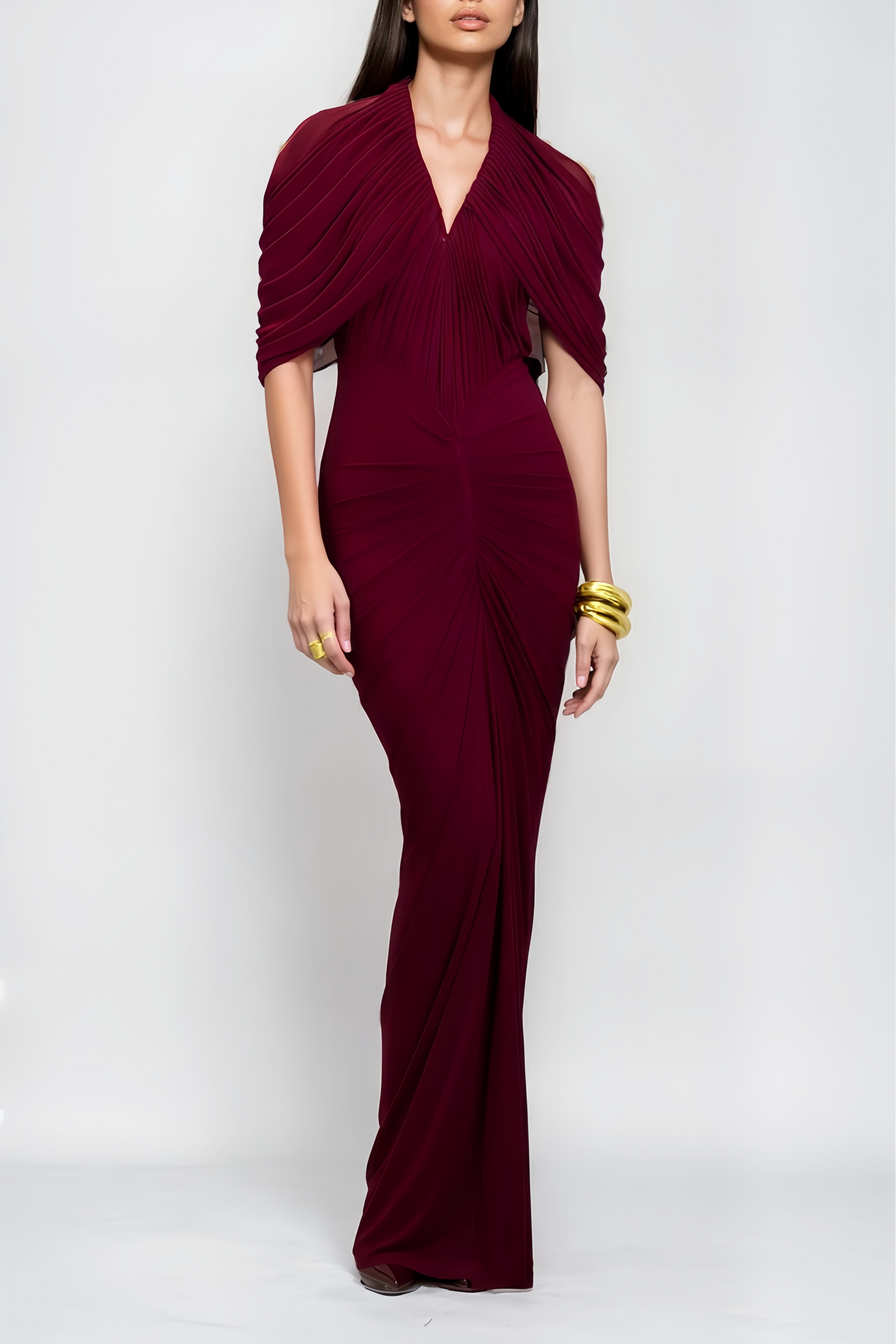 Eléa Red Cold Shoulder Draped Maxi Dress