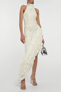 Théoline Neutral Asymmetrical Ruffled Floral Midi Dress