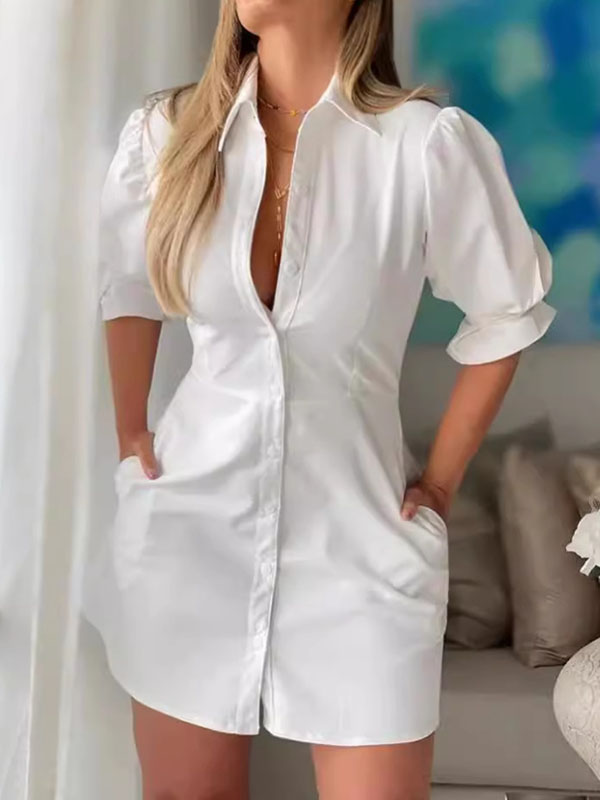 A-Line Flared Sleeves Buttoned Pleated Pockets Solid Color Split-Joint Lapel Mini Dresses Shirt Dress