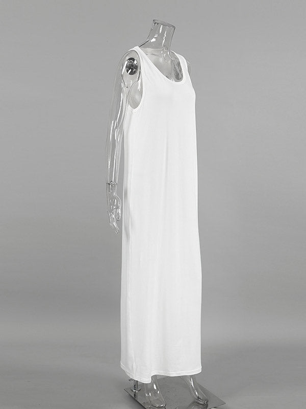 Loose Sleeveless See-Through Solid Color Split-Joint U-Neck Maxi Dresses