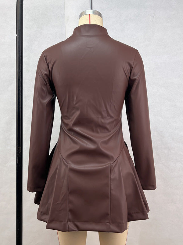 Long Sleeves Skinny Pleated Split-Joint Zipper Stand Collar Mini Dresses