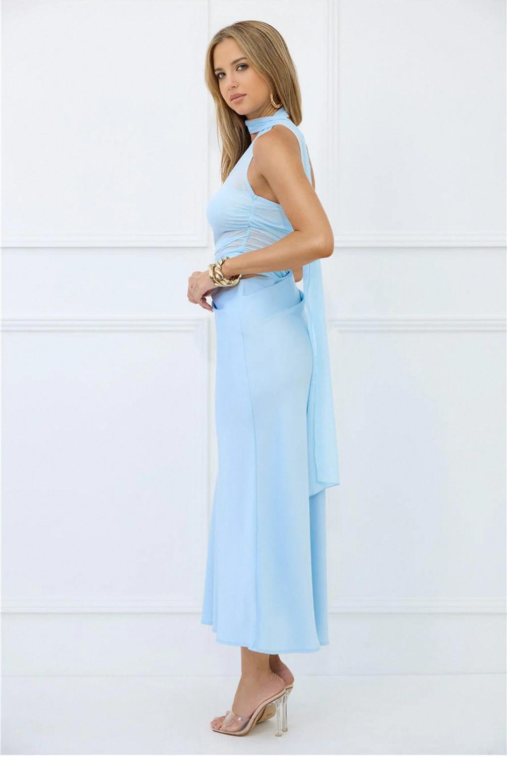 Sapphire Diva Halter Mesh Satin Maxi Dress Blue