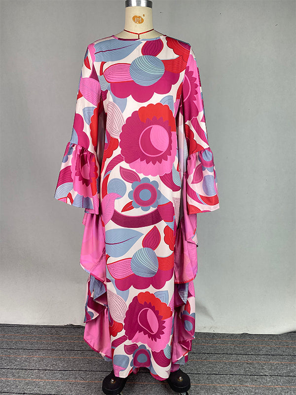 Batwing Sleeves Loose Flower Print Pleated Split-Joint Round-Neck Maxi Dresses