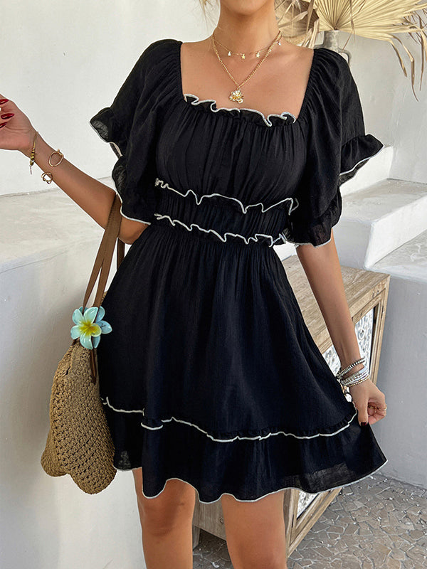 A-line High Waisted Elasticity Pleated Ruffle Trim Solid Color Square-neck Mini Dresses