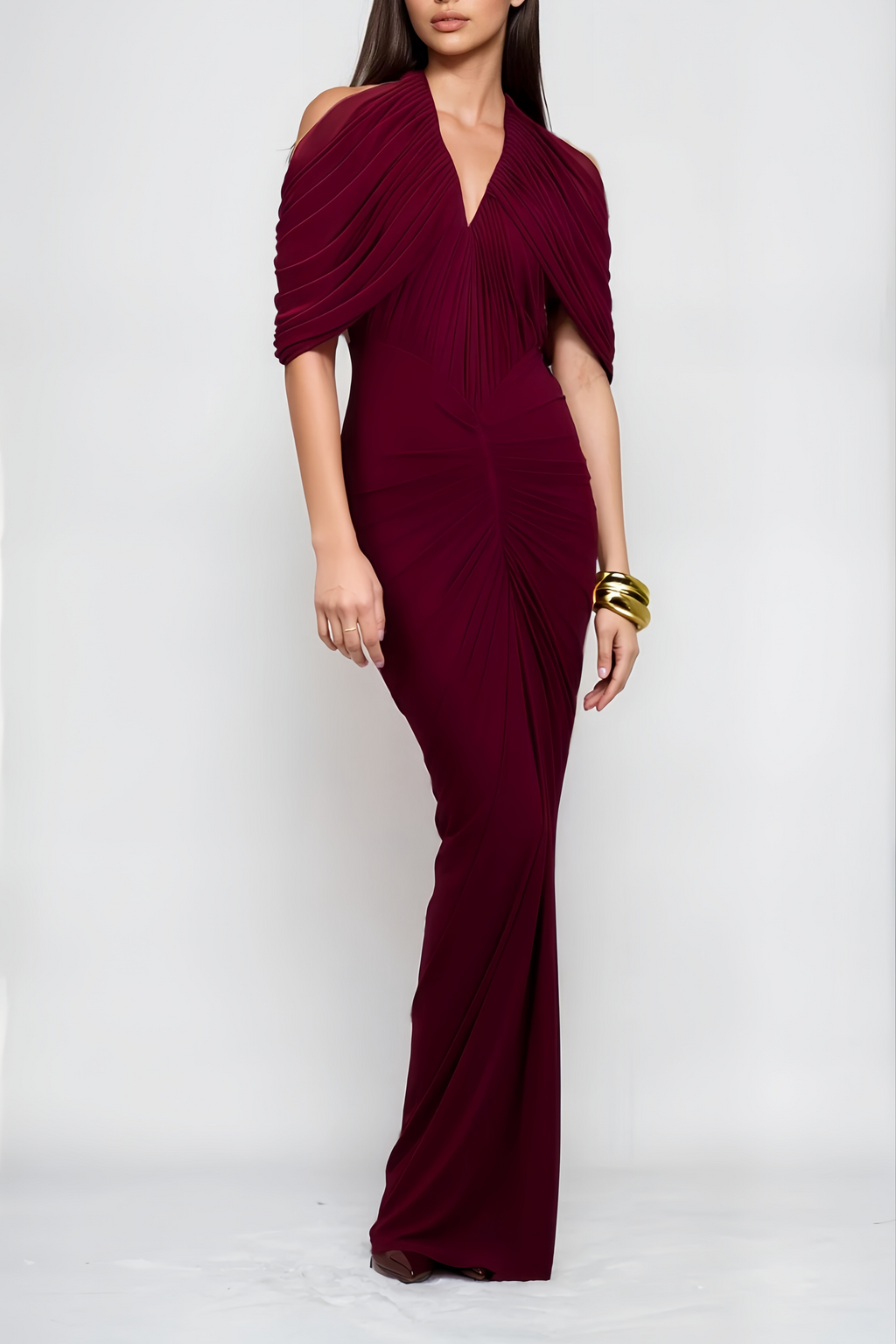 Eléa Red Cold Shoulder Draped Maxi Dress