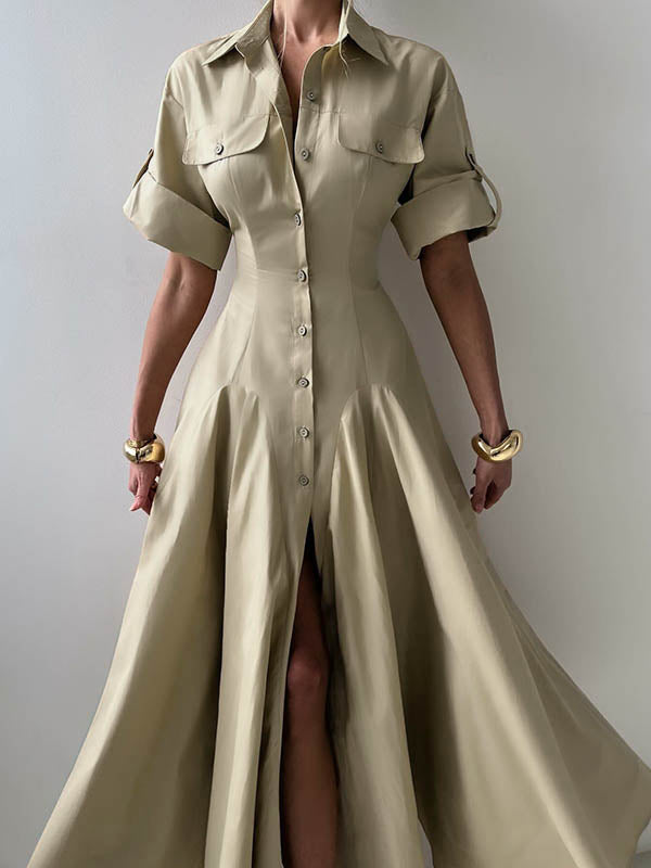 Short Sleeves Buttoned Solid Color Lapel Maxi Dresses Shirt Dress