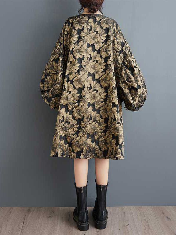 A-Line High-Low Elasticity Flower Print Jacquard Round-Neck Midi Dresses