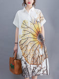 Loose Short Sleeves Buttoned Floral Printed Lapel Collar Midi Dresses Shirt Dress