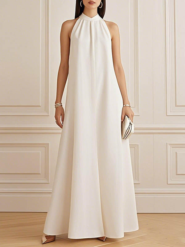 A-Line Loose Pleated Solid Color Mock Neck Maxi Dresses