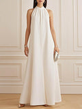 A-Line Loose Pleated Solid Color Mock Neck Maxi Dresses