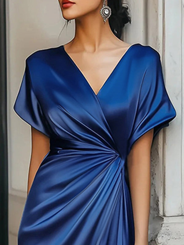 Loose Short Sleeves Asymmetric Solid Color Split-Joint V-Neck Evening Dresses Maxi Dresses