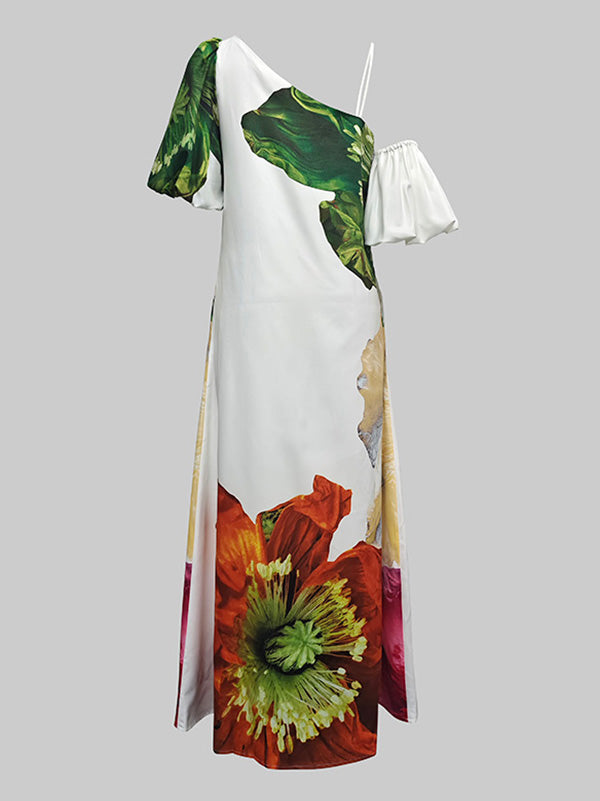 A-Line Loose Elasticity Flower Print One-Shoulder Maxi Dresses