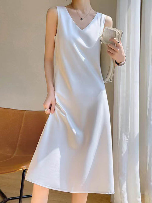 A-Line Loose Solid Color V-Neck Midi Dresses