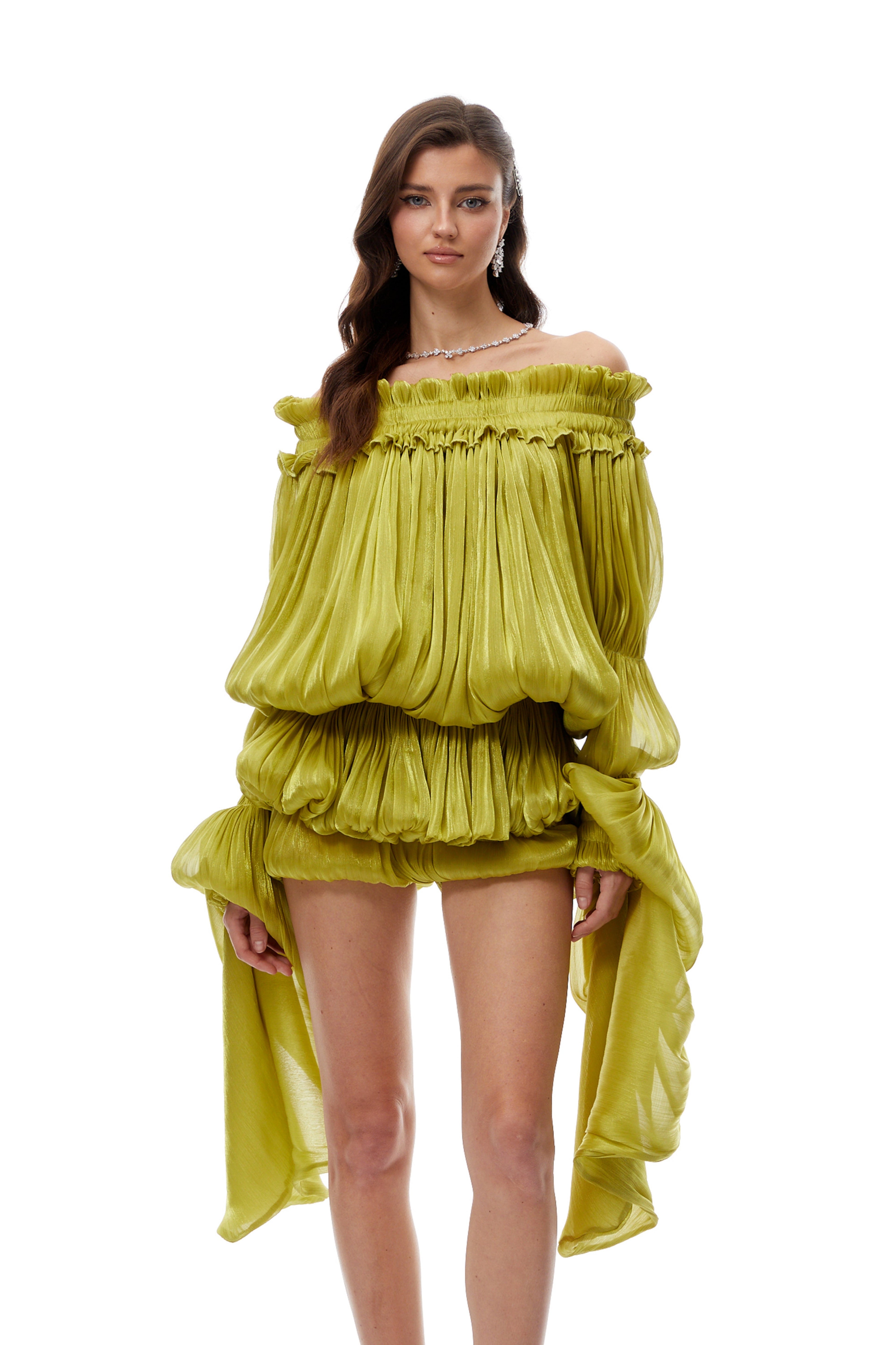 Marcia Green Off Shoulder Shirred Glossy Mini Dress