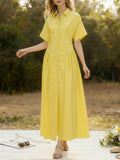 Loose Short Sleeves Buttoned Pleated Solid Color Lapel Collar Midi Dresses Shirt Dress