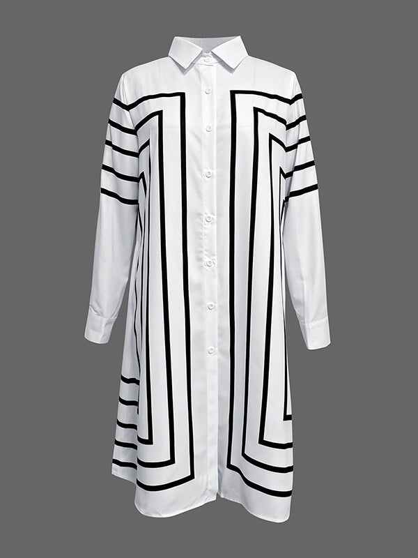 Half Sleeves Loose Buttoned Striped Lapel Midi Dresses Shirt Dress
