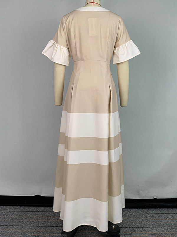 A-Line Flared Sleeves Contrast Color Pleated V-Neck Maxi Dresses