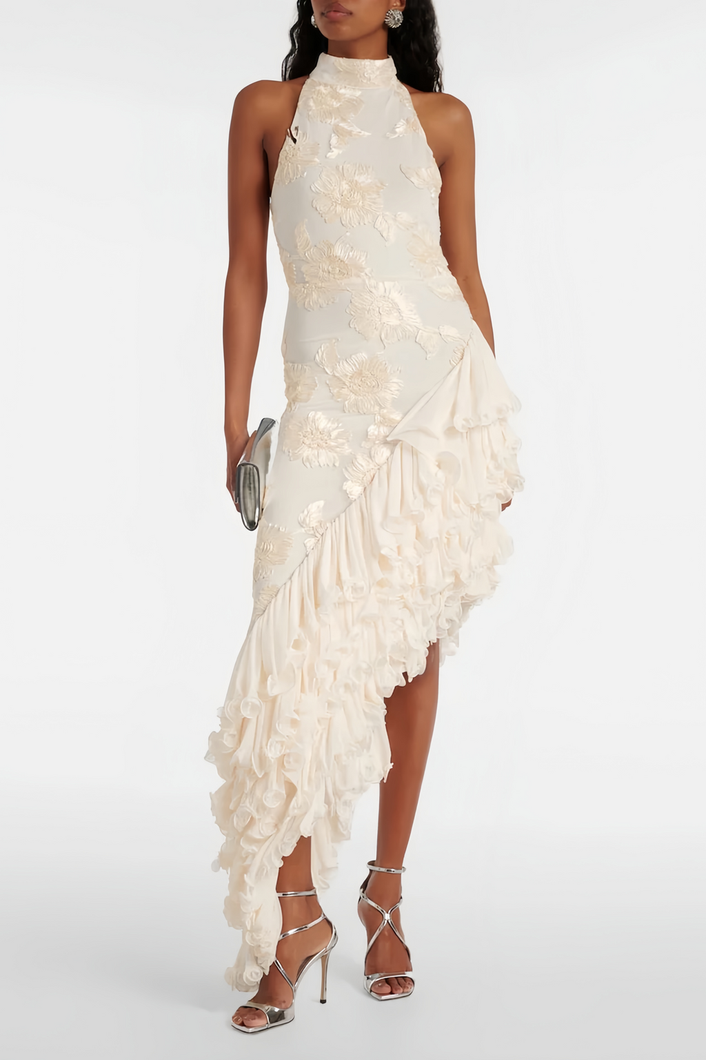Théoline Neutral Asymmetrical Ruffled Floral Midi Dress