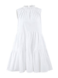 A-Line Loose Pleated Ruffled Solid Color Split-Joint Round-Neck Mini Dresses Shirt Dress