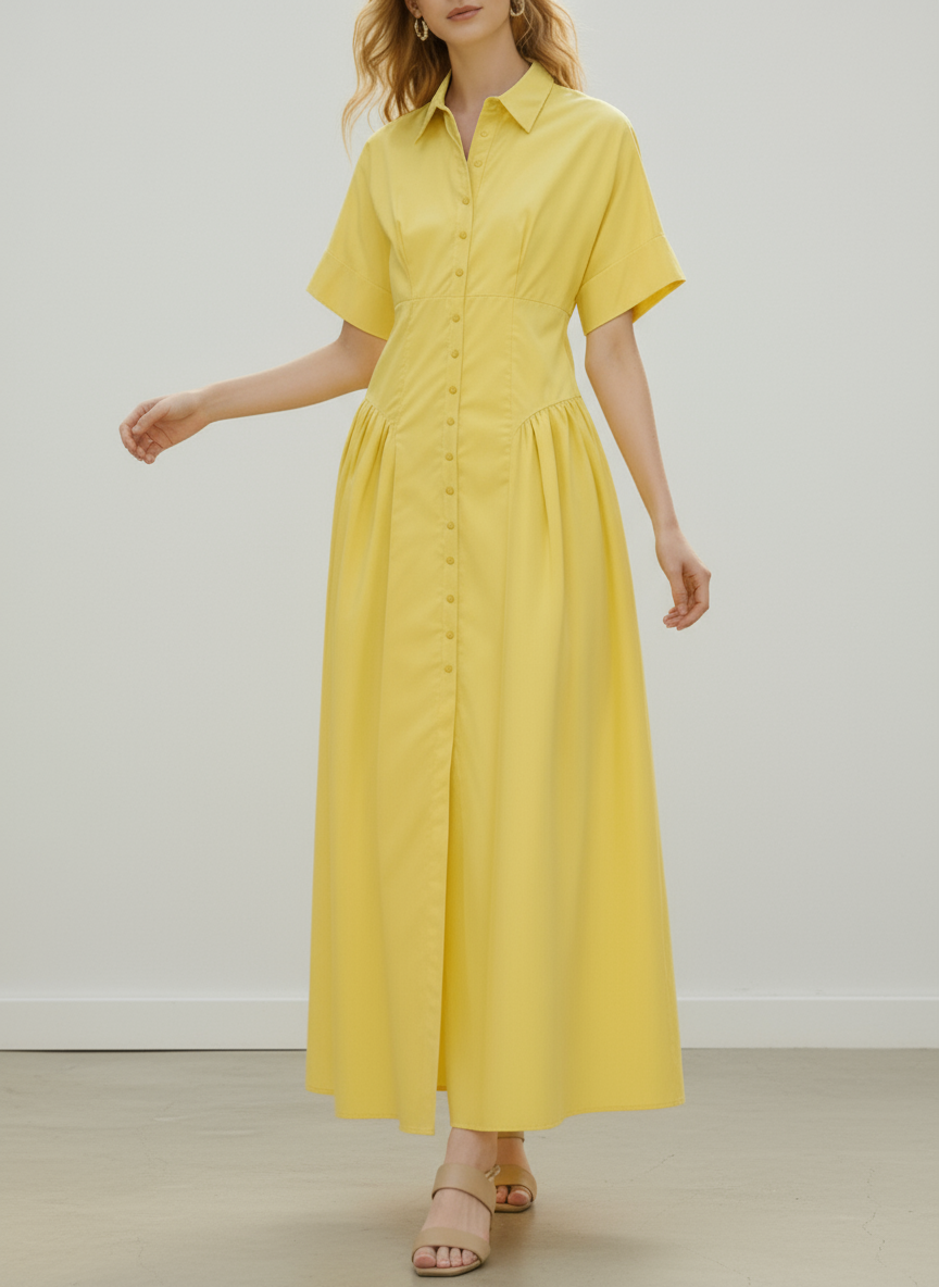Loose Short Sleeves Buttoned Pleated Solid Color Lapel Collar Midi Dresses Shirt Dress