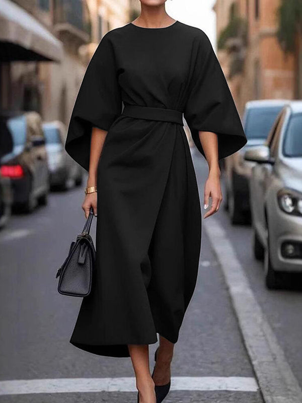 Loose Puff Sleeves Pleated Solid Color Split-Joint Round-Neck Midi Dresses