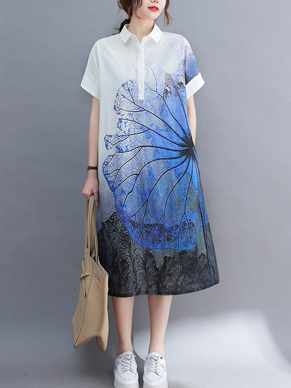 Loose Short Sleeves Buttoned Floral Printed Lapel Collar Midi Dresses Shirt Dress