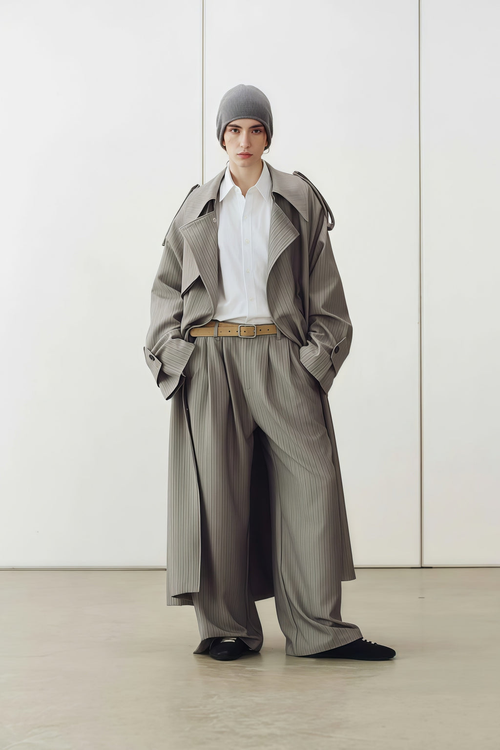 Clémence Grey Striped Trench Coat & Trousers Set