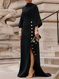 Loose Puff Sleeves Buttoned Split-side Mock Neck Maxi Dresses