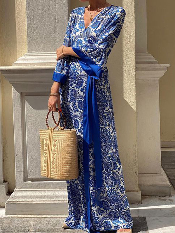 A-Line Flared Sleeves Pleated Printed Split-Joint Tied Waist V-Neck Maxi Dresses