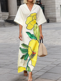 Batwing Sleeves Loose Floral Printed Split-Joint V-Neck Maxi Dresses