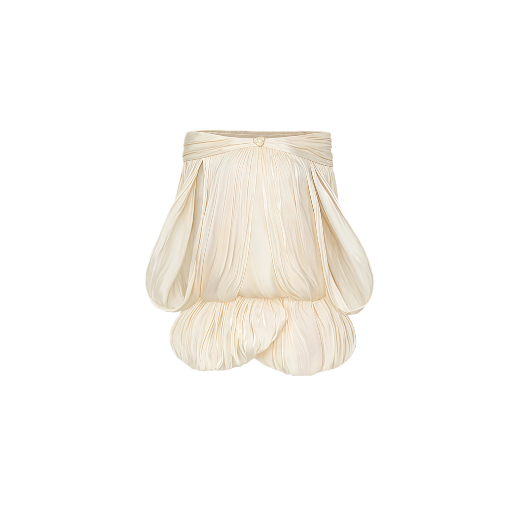Shayla Neutral Asymmetrical Shirred Glossy Mini Dress