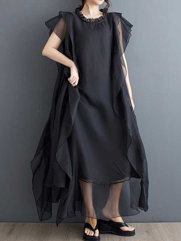 Loose Ruffle Sleeves Falbala Ruffled Solid Color Round-neck Midi Dresses