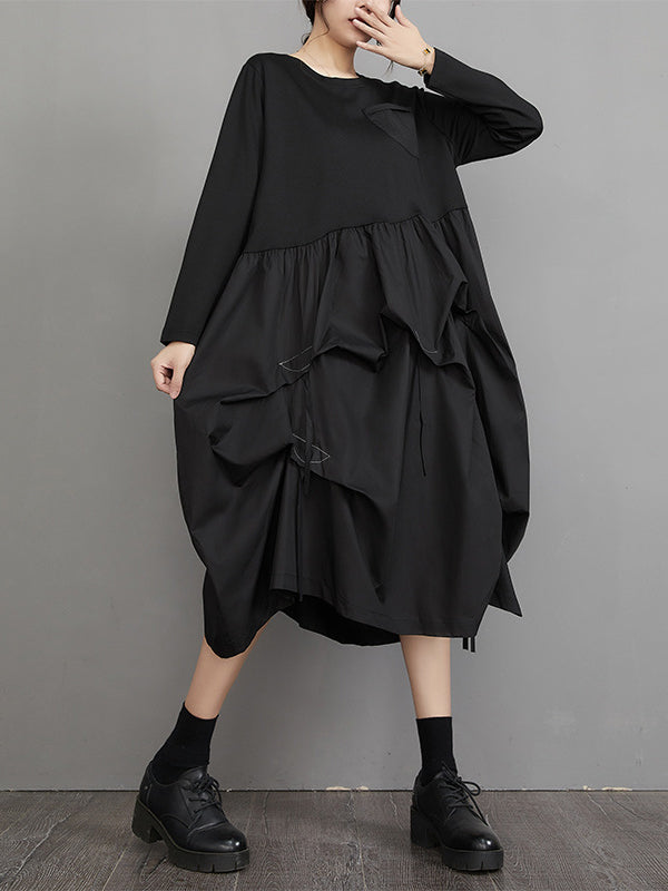 Vintage Long Sleeves Loose Split-Joint Solid Color Round-Neck Midi Dresses