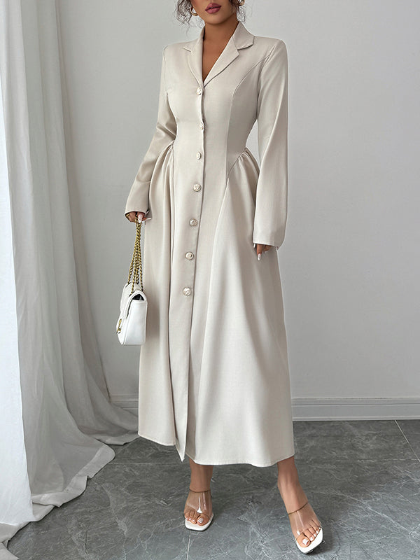 A-Line High Waisted Buttoned Pleated Solid Color Split-Joint Notched Collar Maxi Dresses Shirt Dress