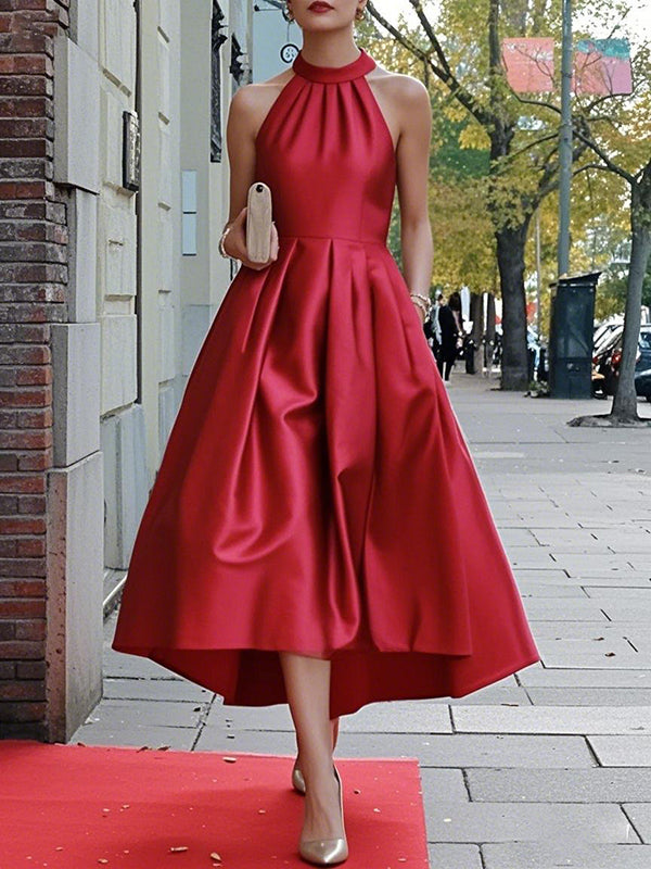 A-Line High-Low High Waisted Pleated Pockets Solid Color Halter-Neck Maxi Dresses