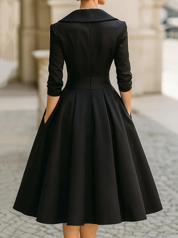 A-Line Three-Quarter Sleeves Pleated Pockets Solid Color V-Neck Midi Dresses