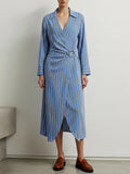 Long Sleeves Buckle Striped Deep V-Neck Midi Dresses Shirt Dress