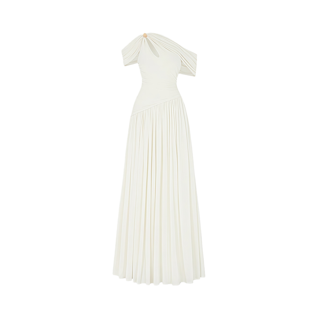 Sigrun White Asymmetrical Gathered Maxi Dress